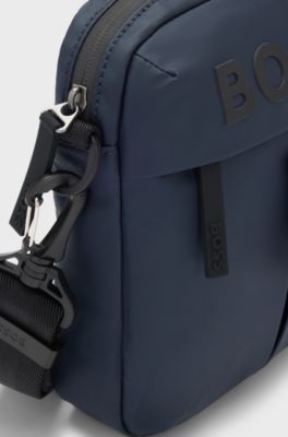 Faux-leather reporter bag with tonal logo, Dark Blue