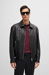 Regular-fit jacket in soft leather with stand collar, Black