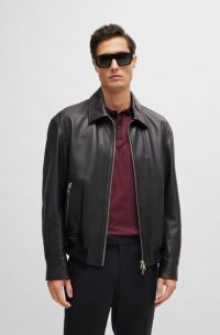 Regular-fit jacket in soft leather with stand collar, Black