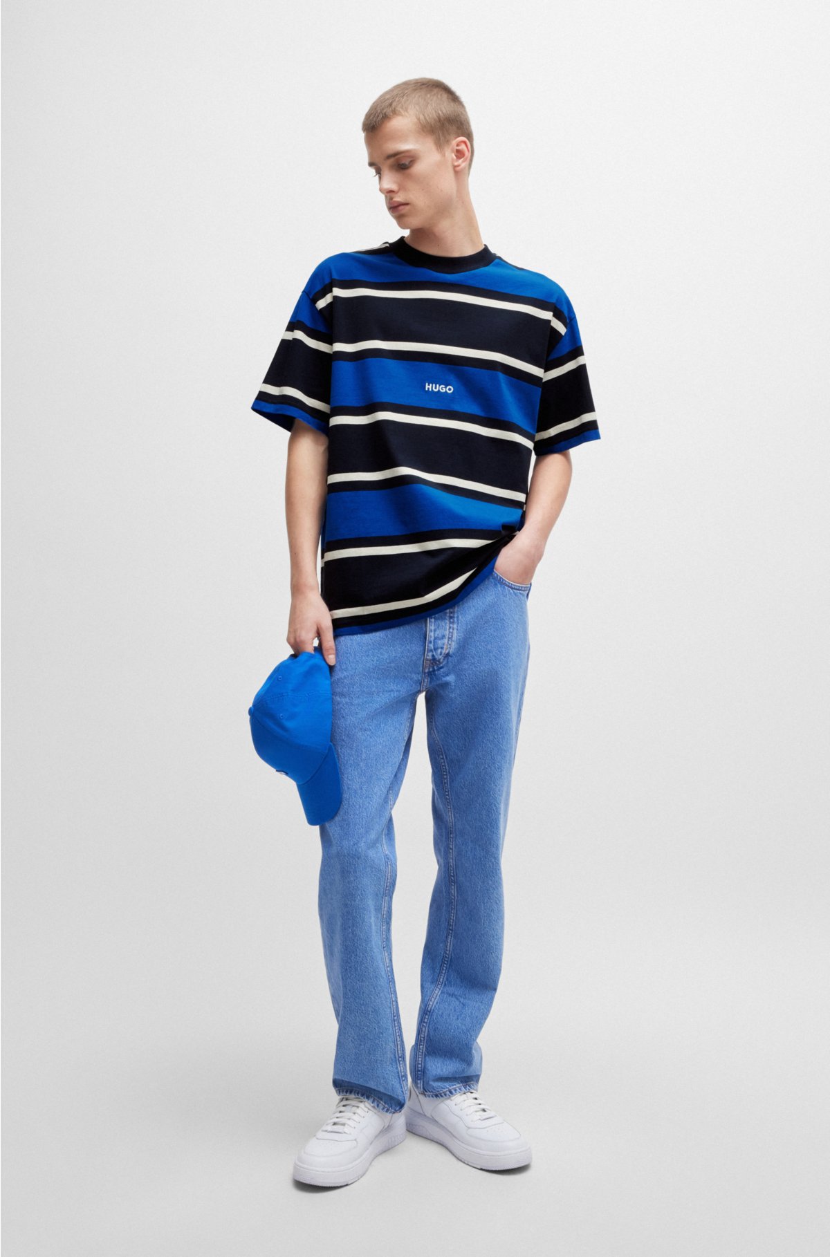 Striped T-shirt in cotton jersey with embroidered logo, Blue