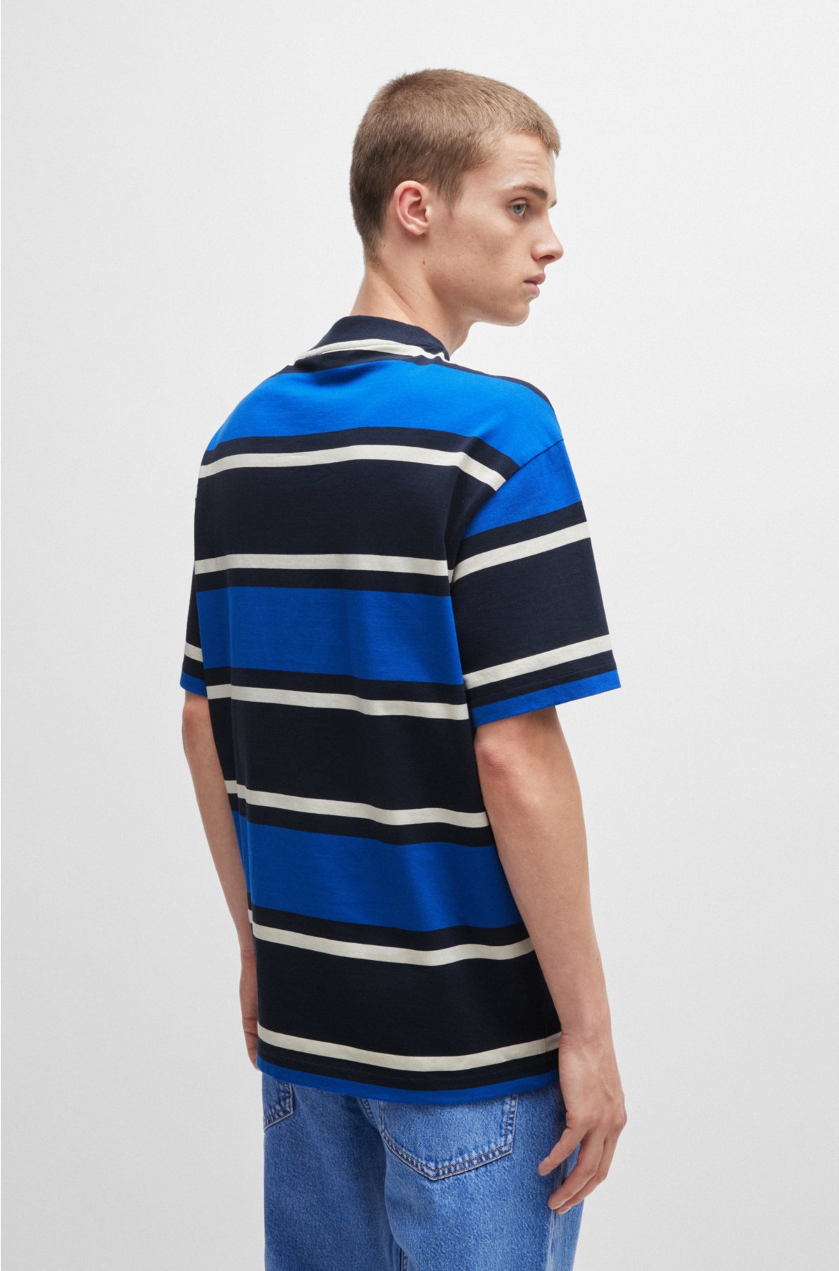 Striped T-shirt in cotton jersey with embroidered logo, Blue
