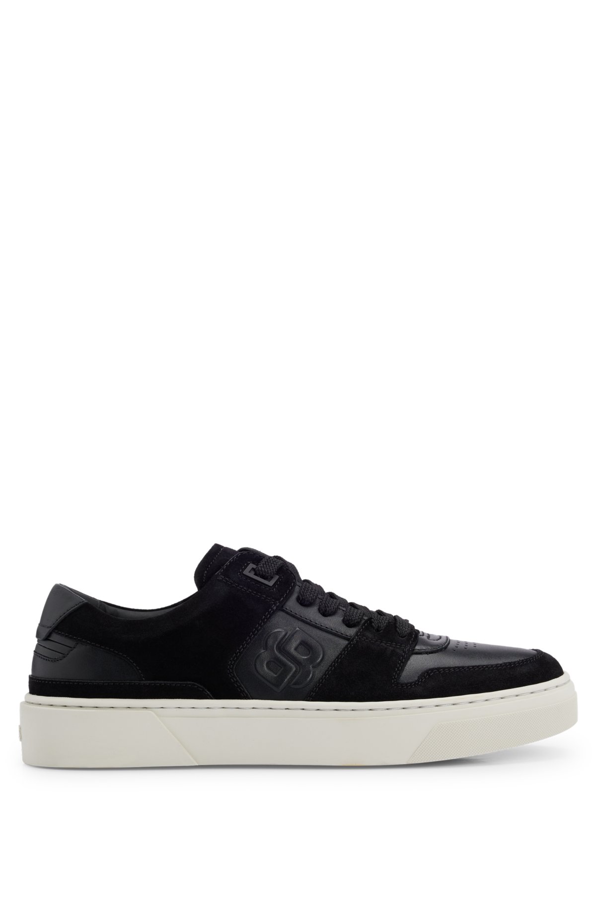Leather lace-up trainers with suede trims, Black