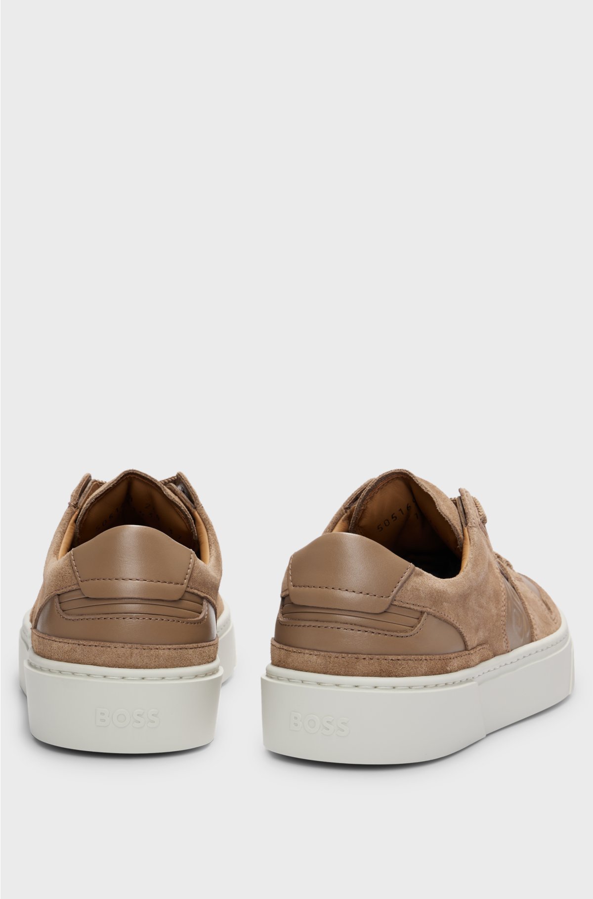 Leather lace-up trainers with suede trims, Beige