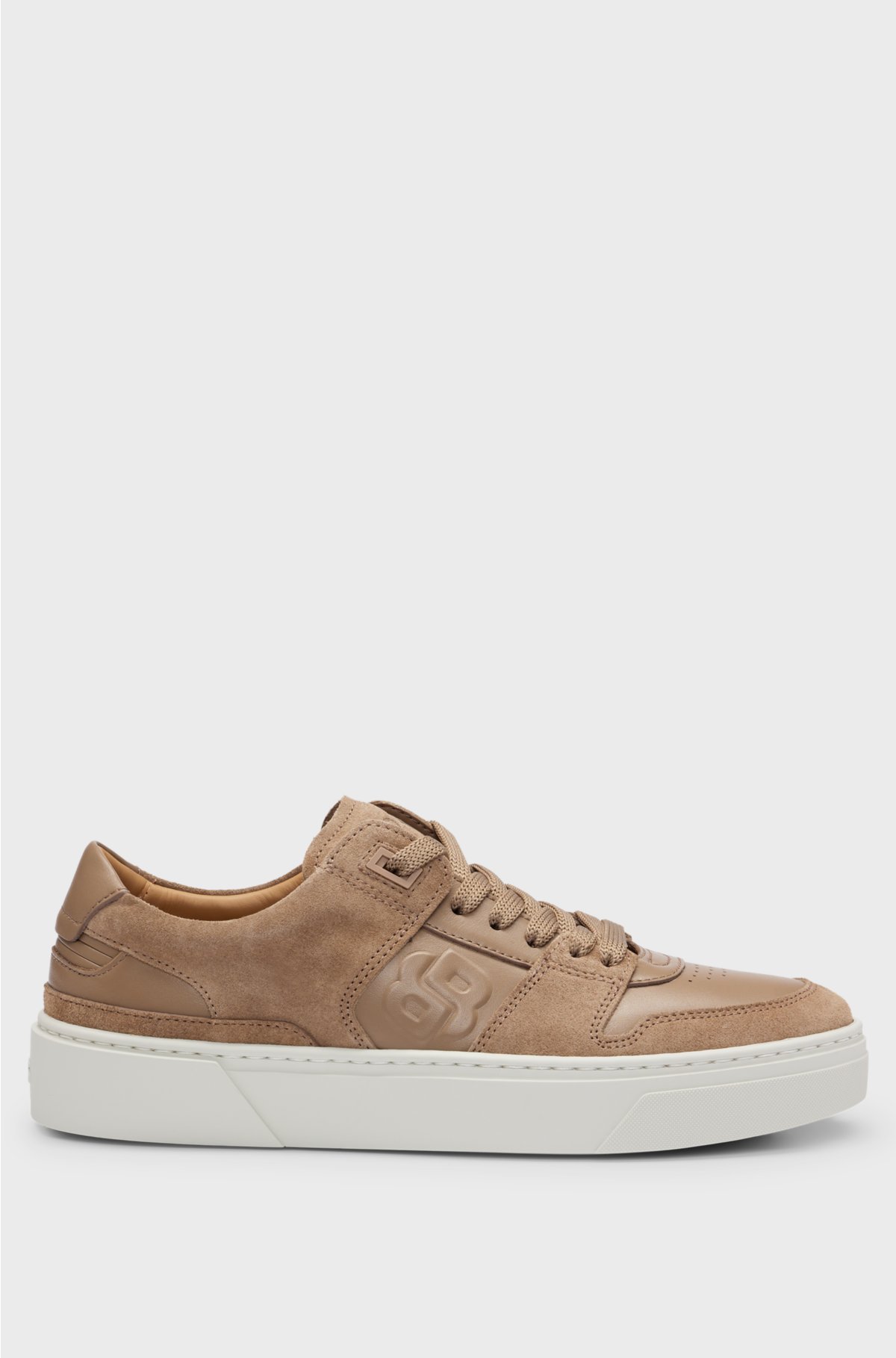 Leather lace-up trainers with suede trims, Beige