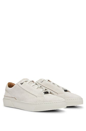Suede low-top trainers with branded lace loop, Natural