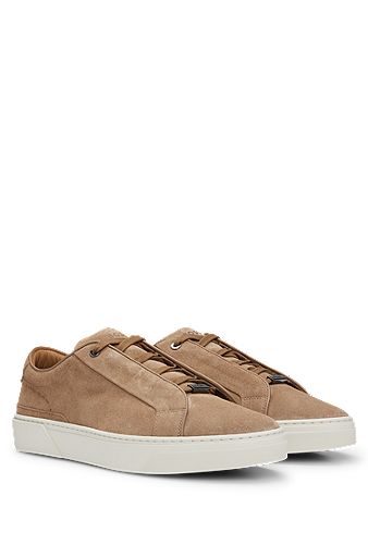 Suede low-top trainers with branded lace loop, Beige