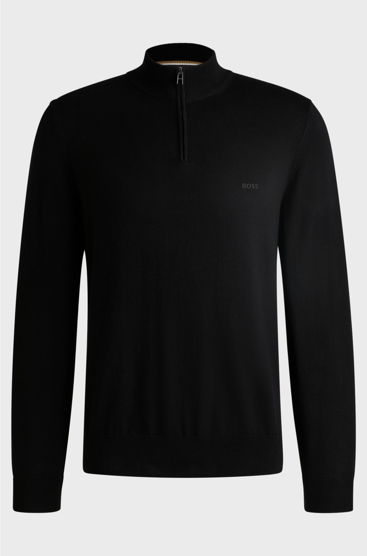 Logo-embroidered zip-neck sweater in cotton jersey, Black