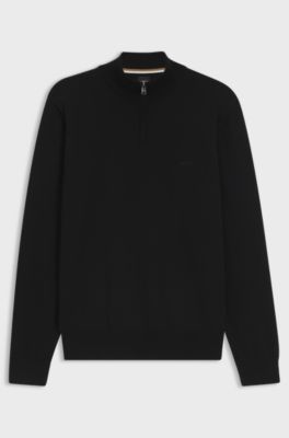 Zip-neck sweater in cotton with logo embroidery, Black