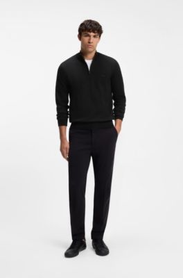 Zip-neck sweater in cotton with logo embroidery, Black