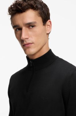 Pull &agrave; encolure zipp&eacute;e en maille de coton, Noir