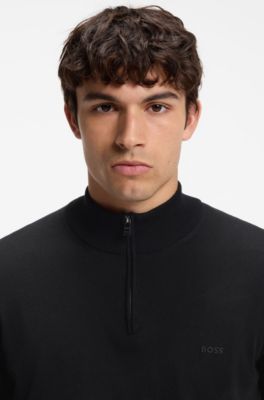 Zip-neck sweater in cotton with logo embroidery, Black
