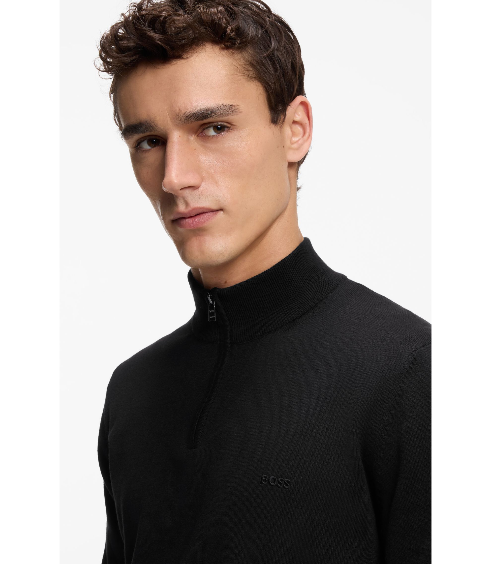 BOSS - ジップネック ニットセーター コットン - ブラック