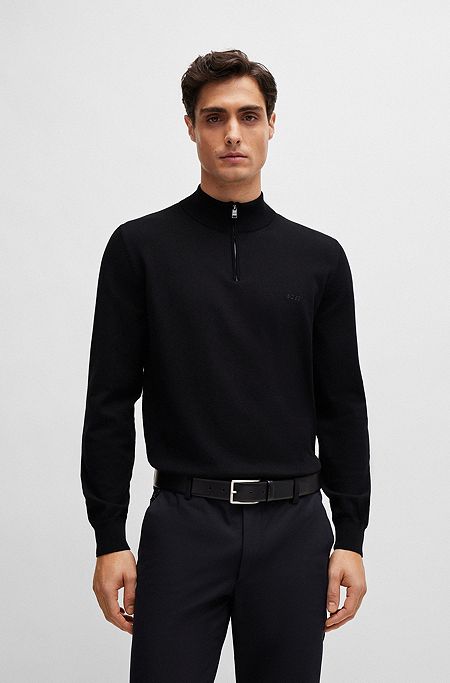 Logo-embroidered zip-neck sweater in cotton jersey, Black