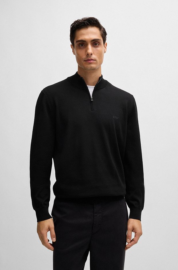 Cotton zip-neck sweater with embroidered logo, Black