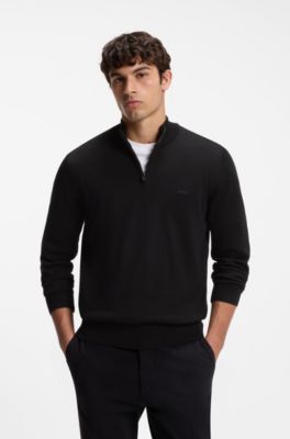 Zip-neck sweater in cotton with logo embroidery, Black