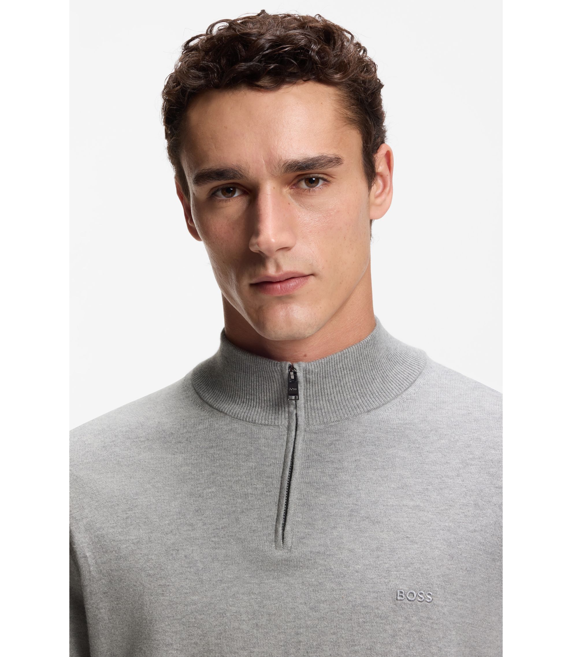 HUGO BOSS ジップネック ニットセーター BOSS - ジップネック ニットセーター コットン - グレー