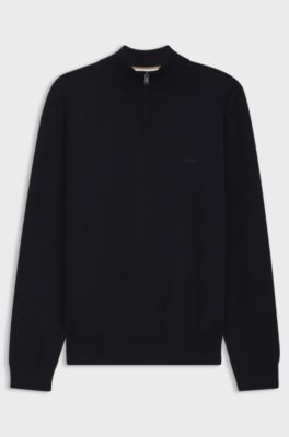 Zip-neck sweater in cotton with logo embroidery, Dark Blue