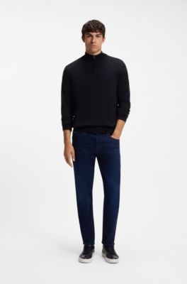 Zip-neck sweater in cotton with logo embroidery, Dark Blue