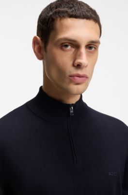 Zip-neck knitted sweater in cotton, Dark Blue