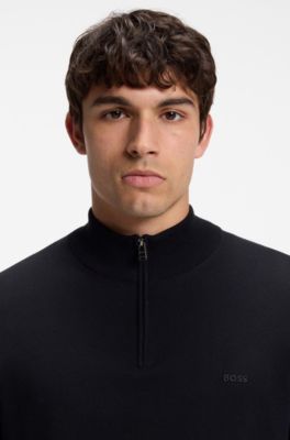 Zip-neck sweater in cotton with logo embroidery, Dark Blue