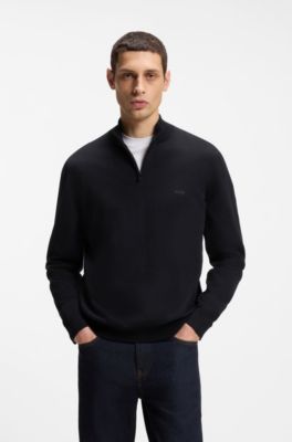 Zip-neck knitted sweater in cotton, Dark Blue