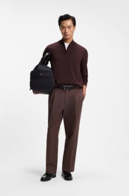 Zip-neck cotton sweater, Brown