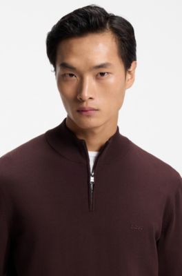 Zip-neck cotton sweater, Brown