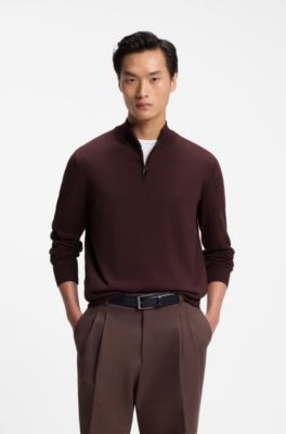 Zip-neck cotton sweater, Brown