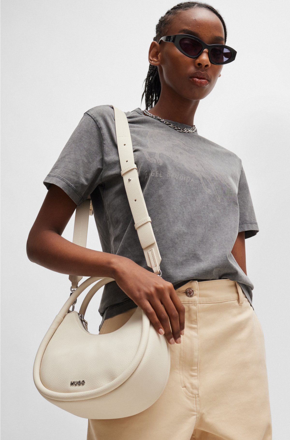 Faux-leather crossbody bag with logo lettering, Natural