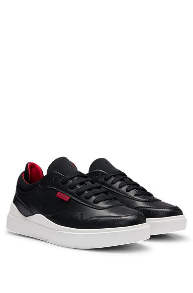 Leather lace-up trainers with pop-colour details, Black