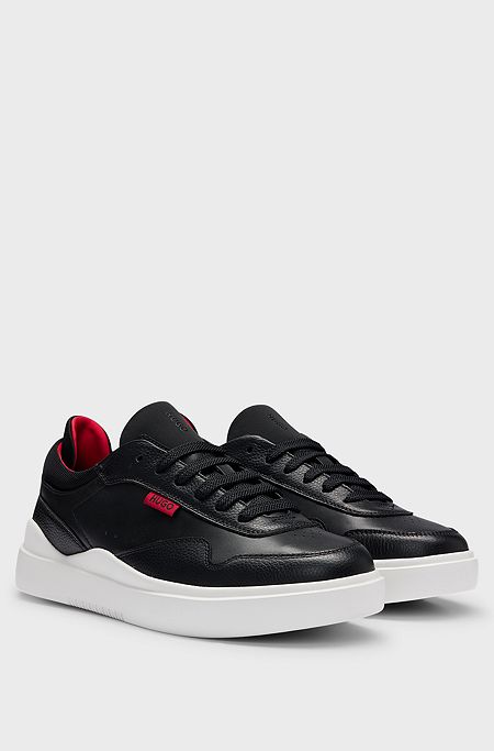 Leather lace-up trainers with pop-colour details, Black