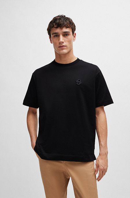 Oversized-fit mercerised-cotton T-shirt with double monogram, Black