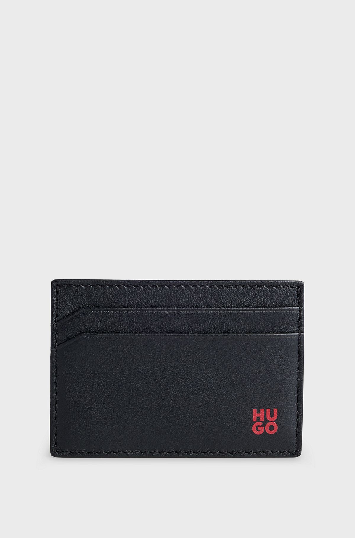 Nappa-leather card holder with stacked logo, Black