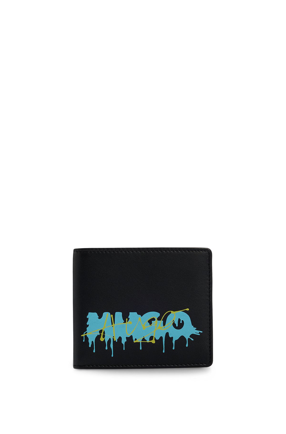 Leather billfold wallet with double logo, Black