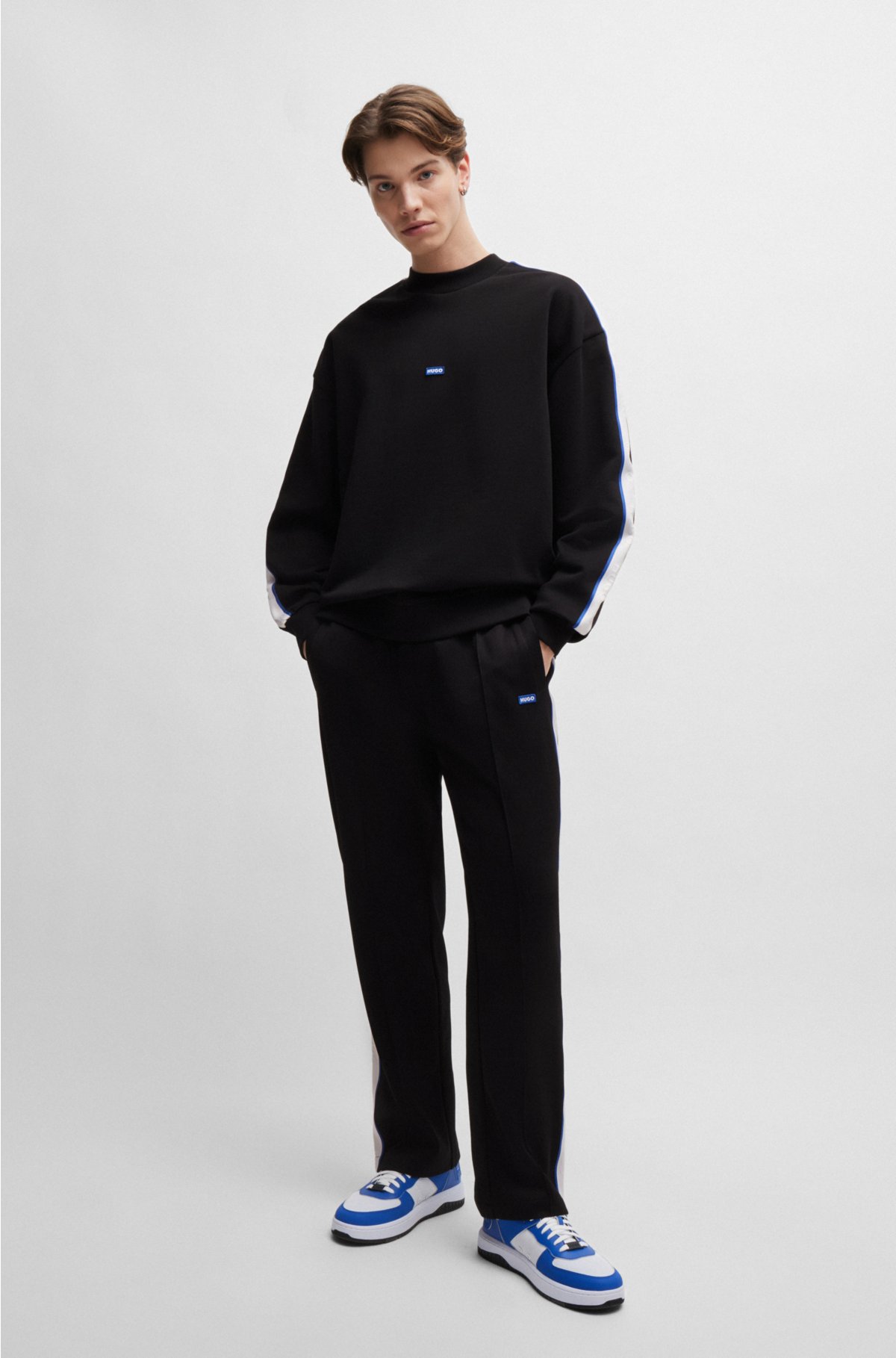 Cotton-terry sweatshirt with logo patch and tape trims, Black