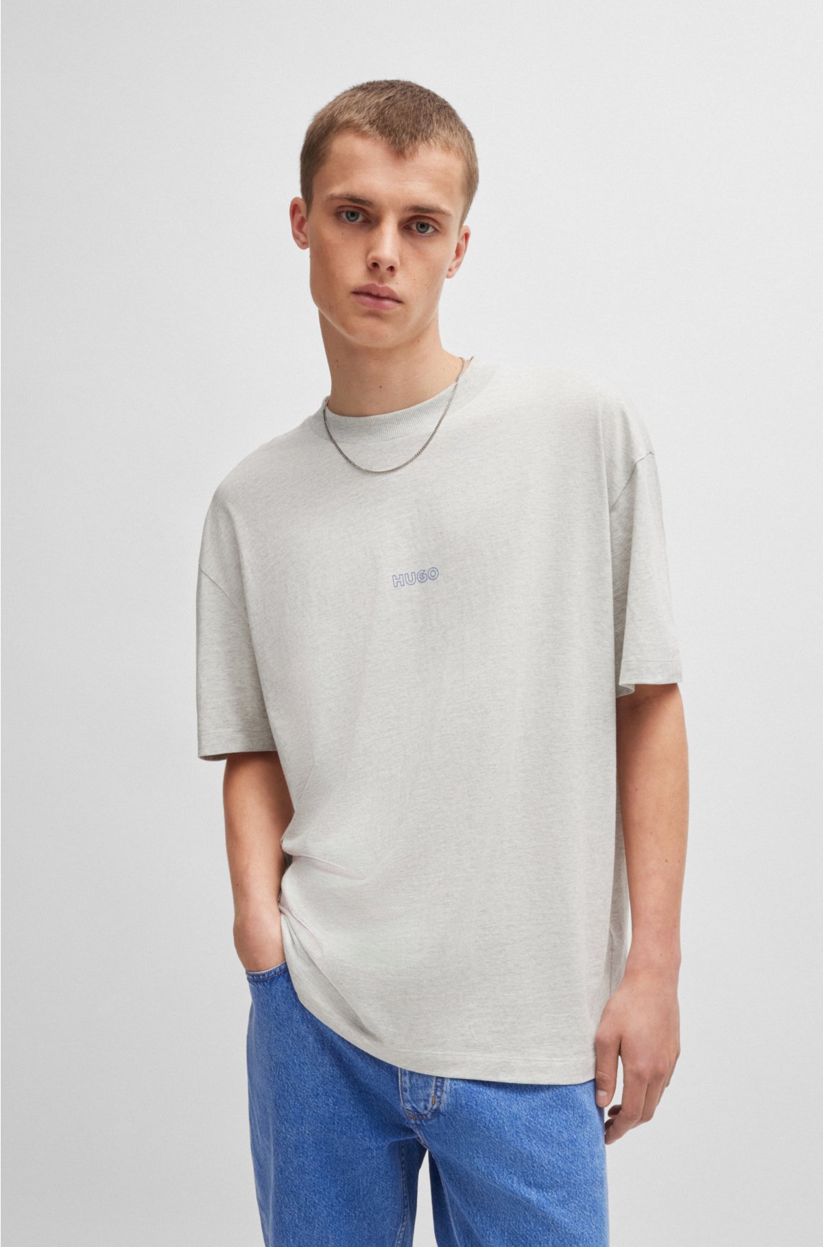 Cotton-jersey T-shirt with outline logos, Light Grey