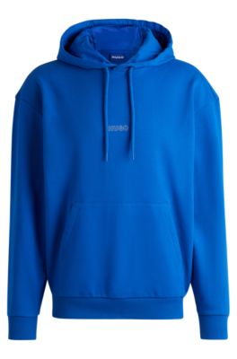 HUGO - Cotton-terry hoodie with outline logos - Blue