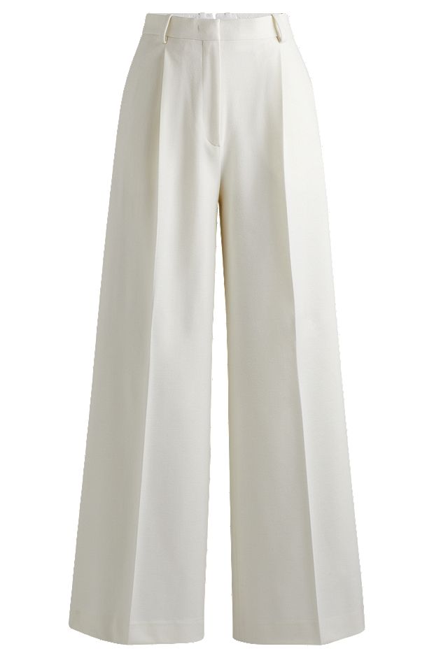 Pantalon jambe large en laine vierge et coton, Blanc
