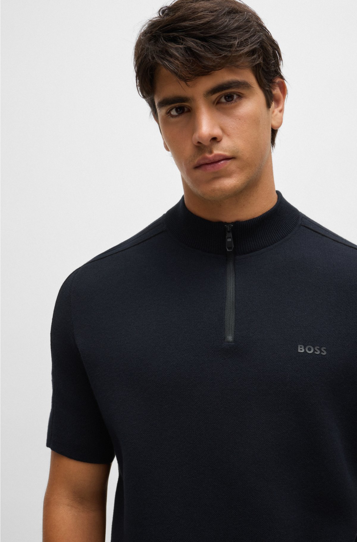 Cotton-blend jacquard sweater with tonal stripe logo artwork, Dark Blue