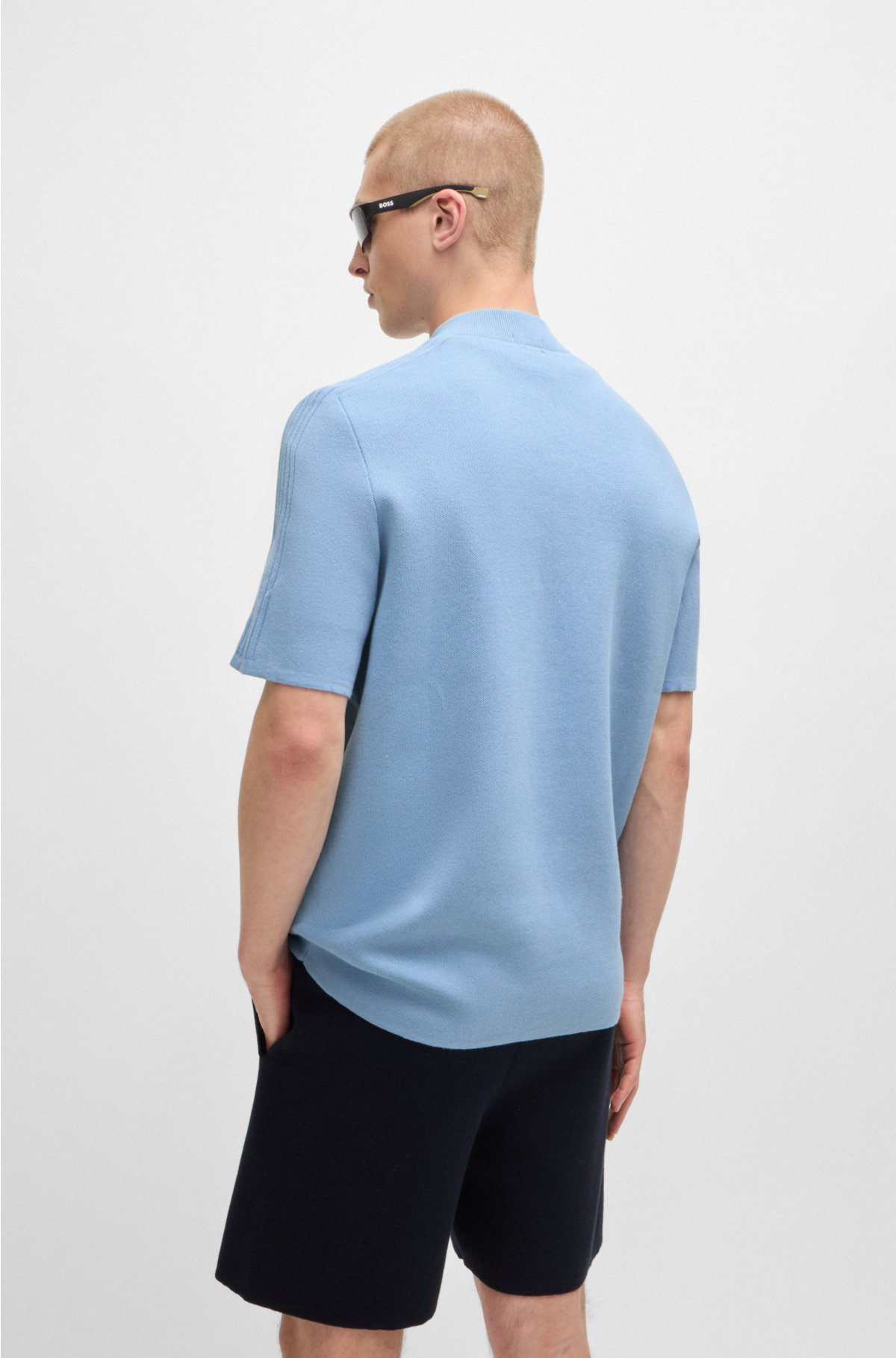 Cotton-blend jacquard sweater with tonal stripe logo artwork, Light Blue