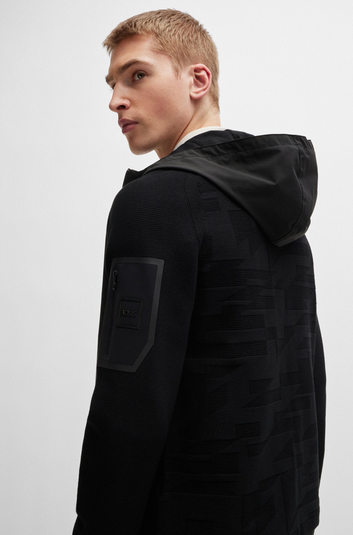 BOSS - Mixed-material zip-up hoodie with signature pattern BOSS - Mixed-material zip-up hoodie with signature pattern