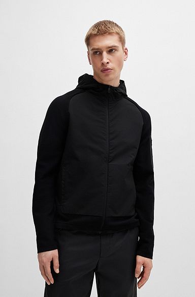 Mixed-material zip-up hoodie with signature pattern, Black