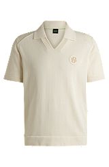 Johnny-collar polo shirt with double-monogram badge, Natural
