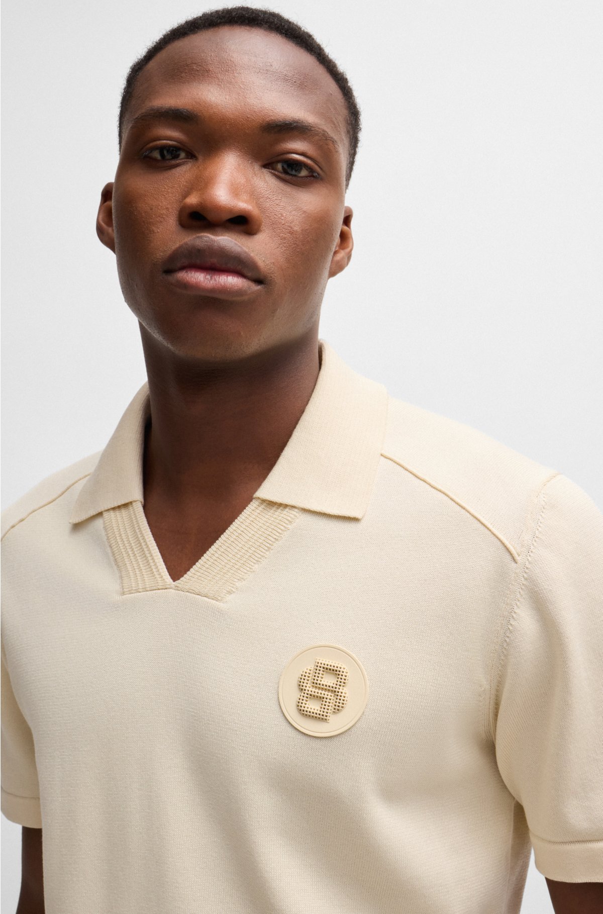 Johnny-collar polo shirt with double-monogram badge, Natural