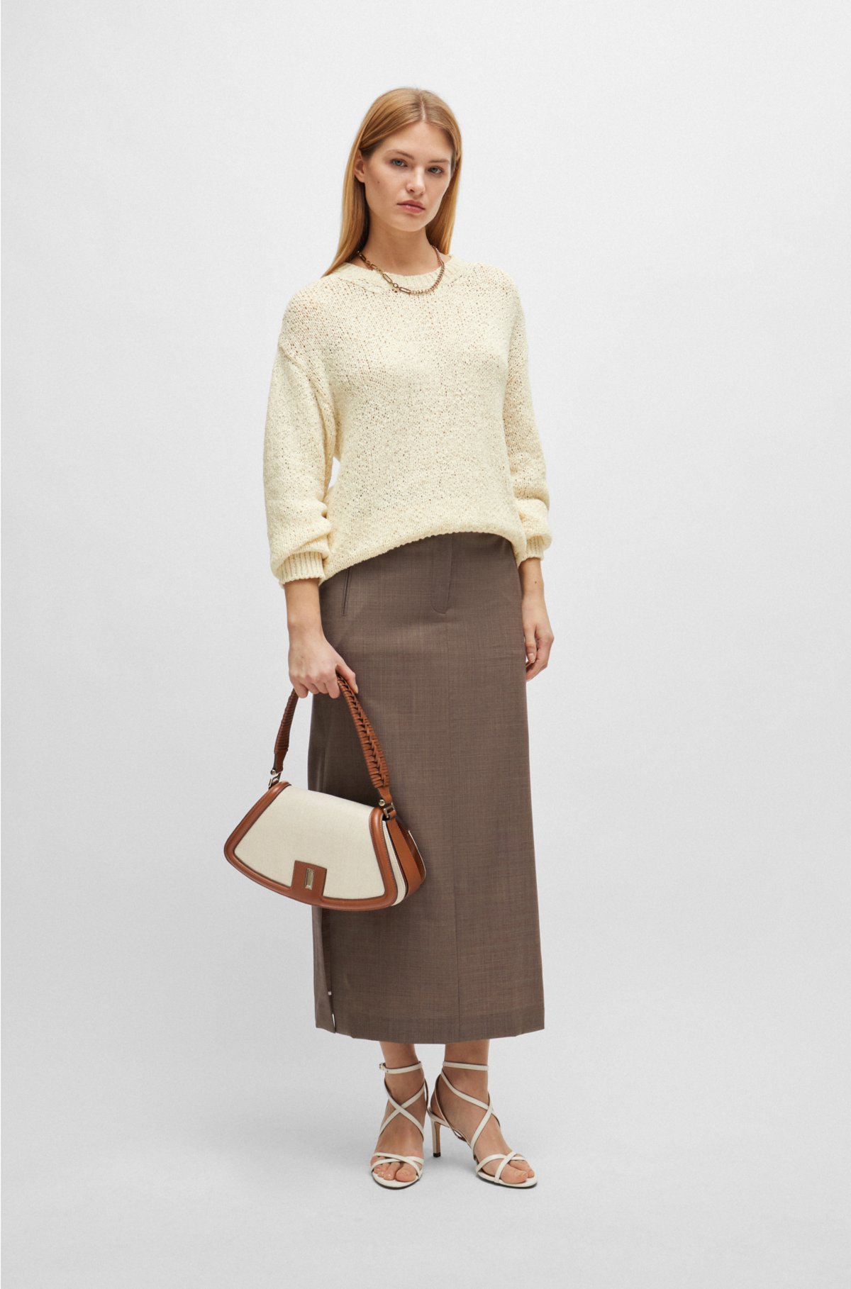 Cotton-blend shoulder bag with leather trims, Beige