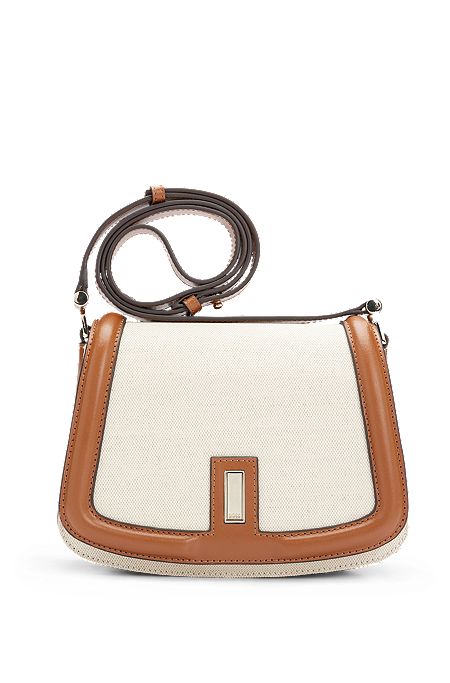 Cotton-blend saddle bag with leather trims, Beige