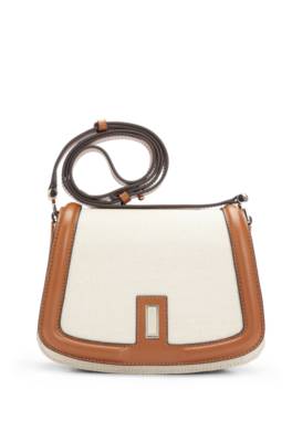 Hugo Boss Cotton-blend Saddle Bag With Leather Trims In Beige