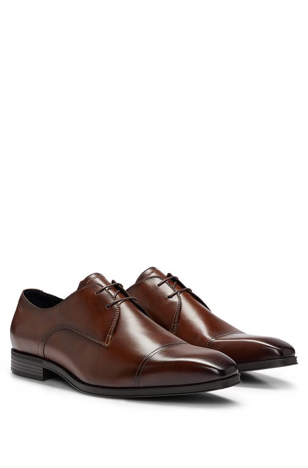 Leather lace-up Derby shoes with embossed logo, Brown