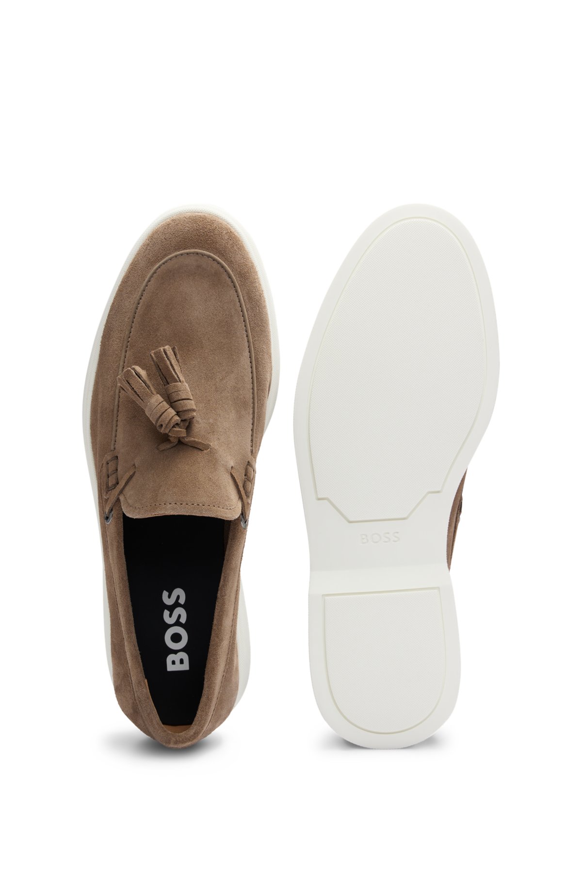 Suede slip-on loafers with tassel trim, Beige