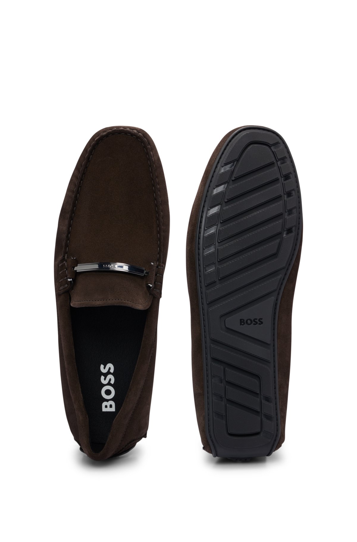Suede moccasins with branded hardware and full lining, Dark Brown